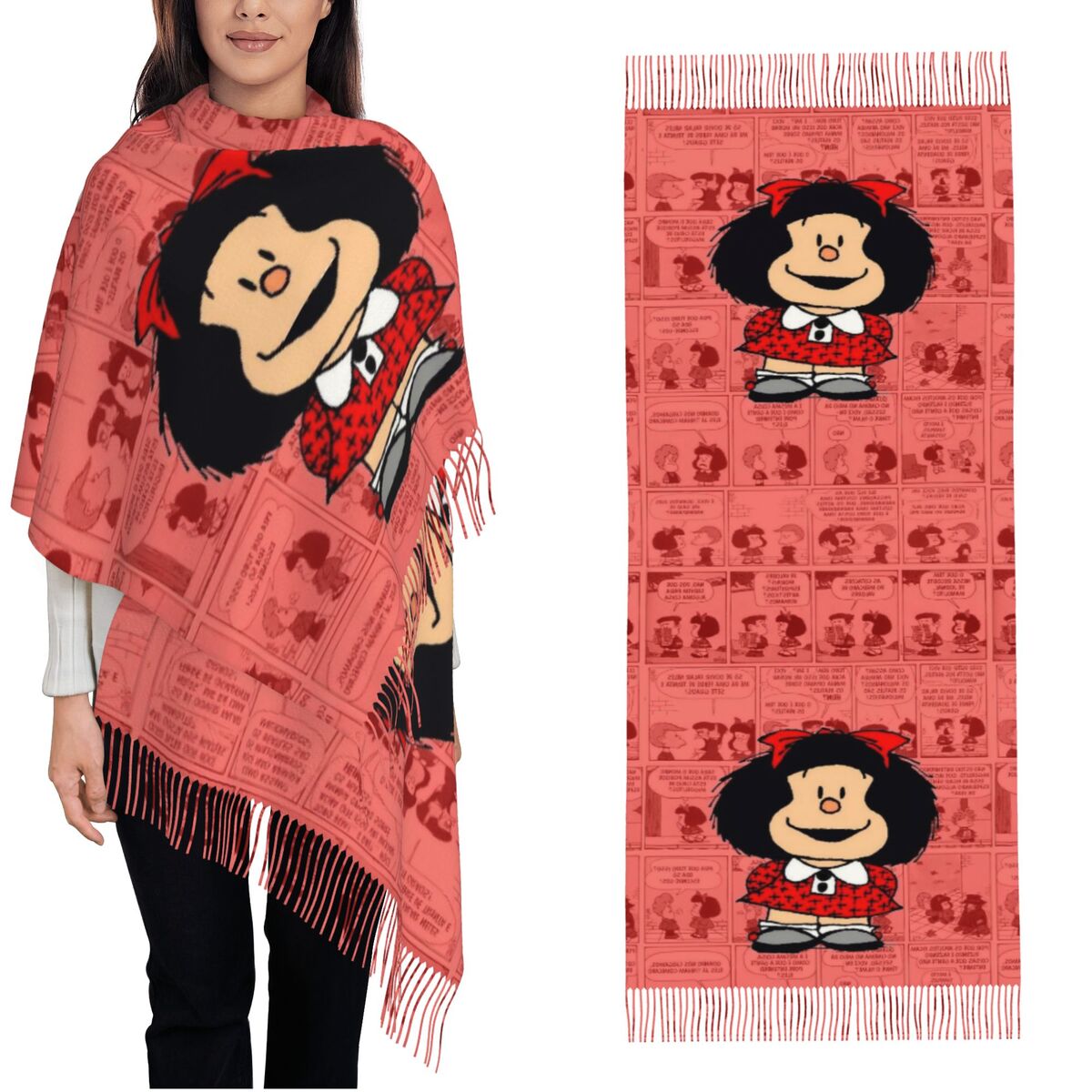 Pashmina Wrap Large - Women's Tassel Scarf Mafaldas Cartoon Large