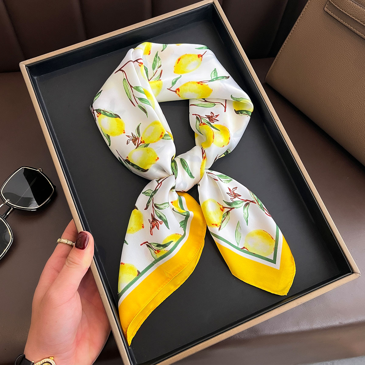 2025 New Yellow Lemon Print Sq - Ascot Neck Scarf review and price
